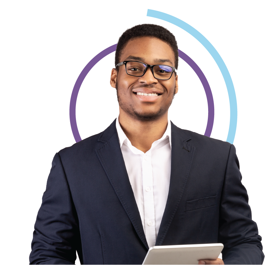 Smiling man in suit holding tablet.